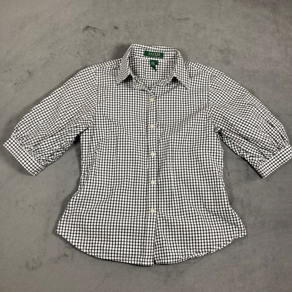 Lauren Ralph Lauren Petite Black White Gingham Puff Sleeve Cotton Shirt Small P